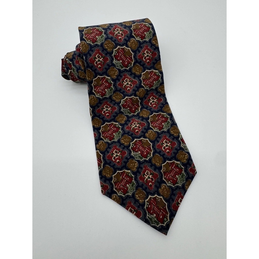 Christian Dior Necktie Silk Blue Red Novelty Print Castle Medieval Designer‎ Tie